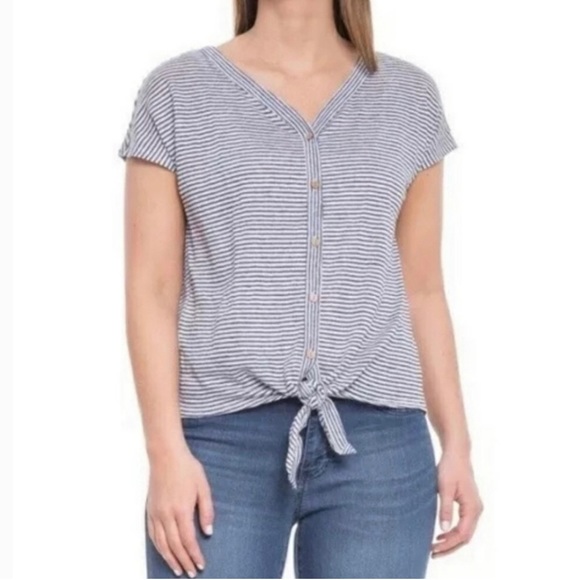 Rachel Zoe Linen Striped Tie Front Top Sleeveless Button Front - Picture 1 of 8
